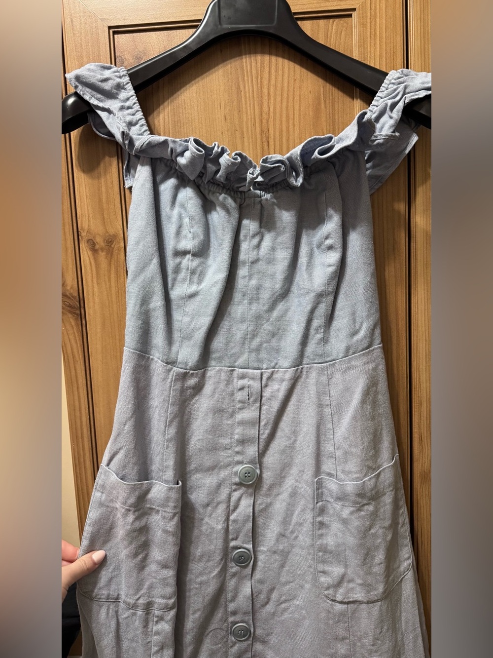 Reformation Hattie Blue Ruffle off shoulder Linen A-Line Blue midi Dress size 6 - Picture 5 of 8